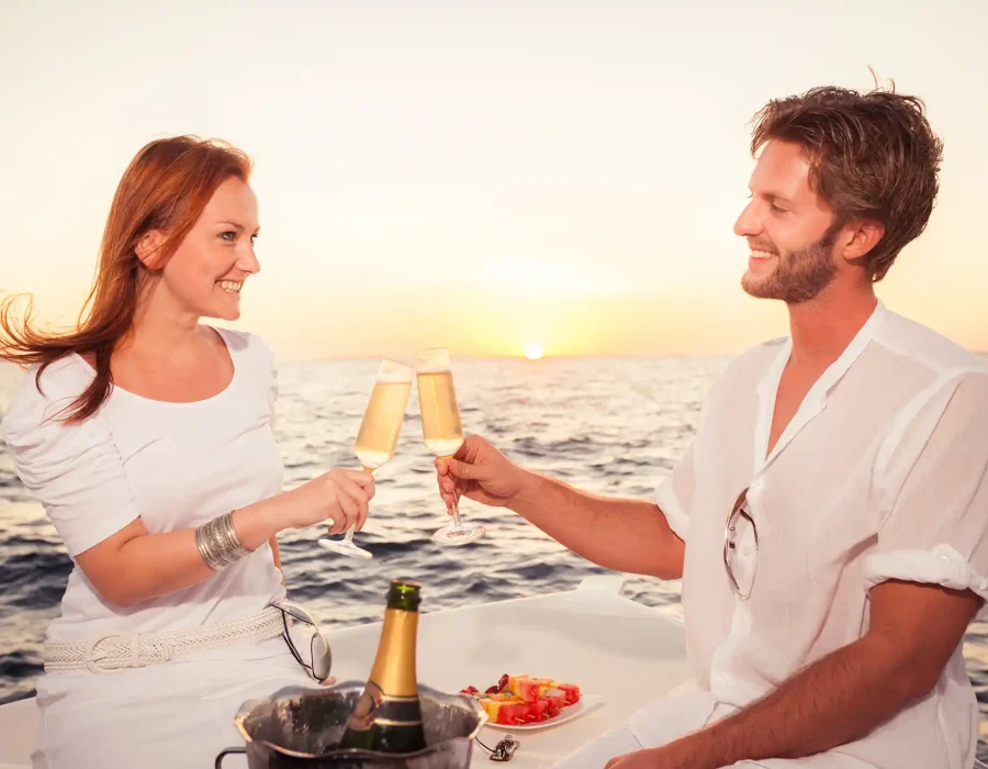 Aperitif at sunset on the boat in Portofino, Cinque Terre, Genoa.